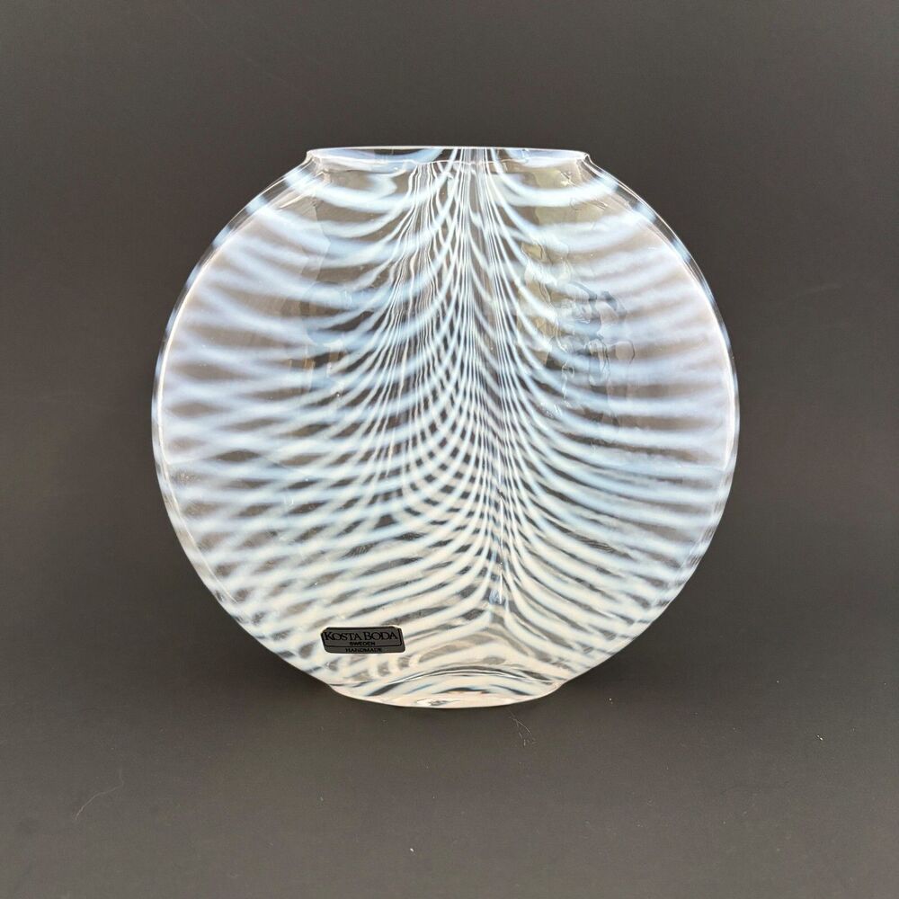 Kosta Boda Vallien Art Glass Vase Signed Pulled Feather Zebra White Stripe Vtg